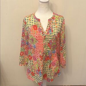 Talbots floral hot pink multicolored long sleeve blouse Size S EUC